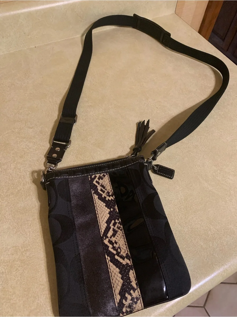 Coach Black Crossbody with Snake-Print Center Panel
